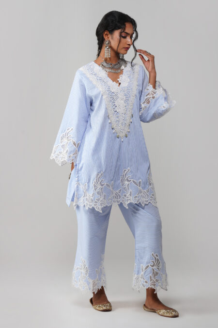 Rangreez Sky Blue Striped Cot-Cotton Co-ord Set with Floral Lace